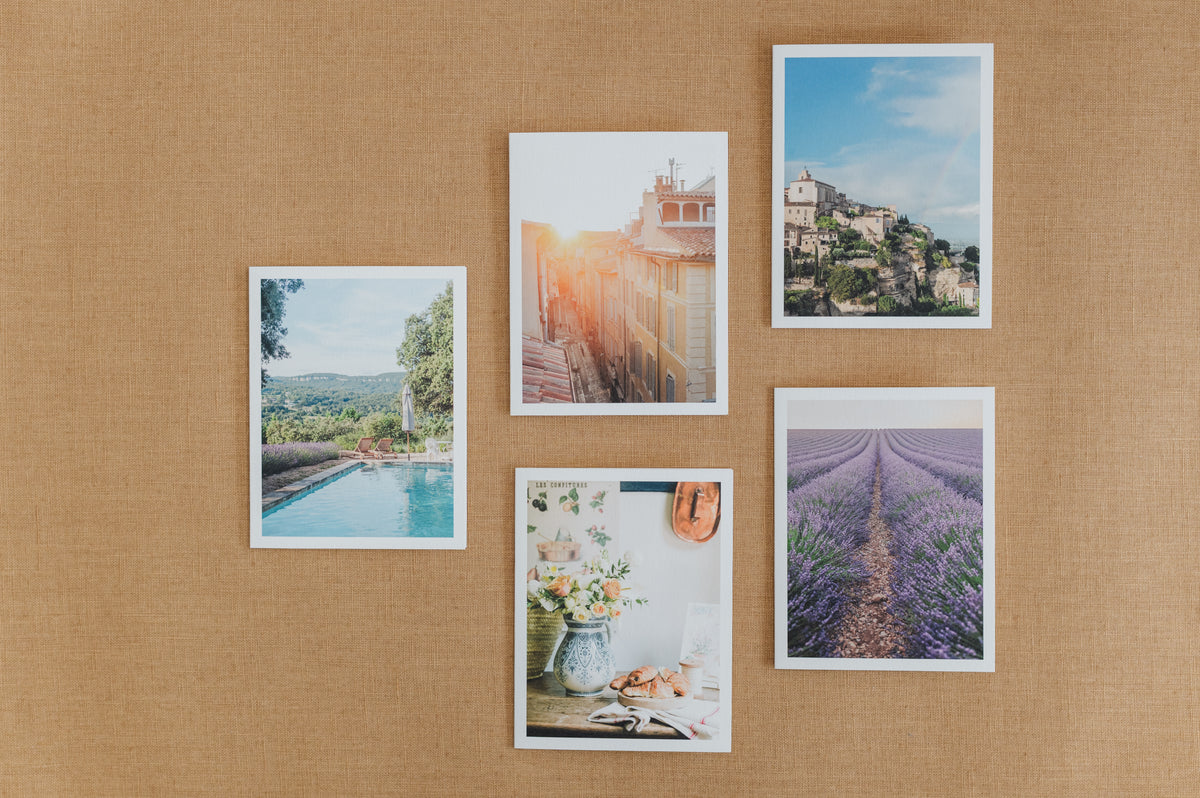 Five Provence photographic notecard designs arranged together.